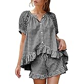Flygo Womens Gingham Pajamas Set 2 Piece Cotton Pj Lounge Sets Puff Sleeve Ruffle Babydoll Shirt Shorts Summer Outfits
