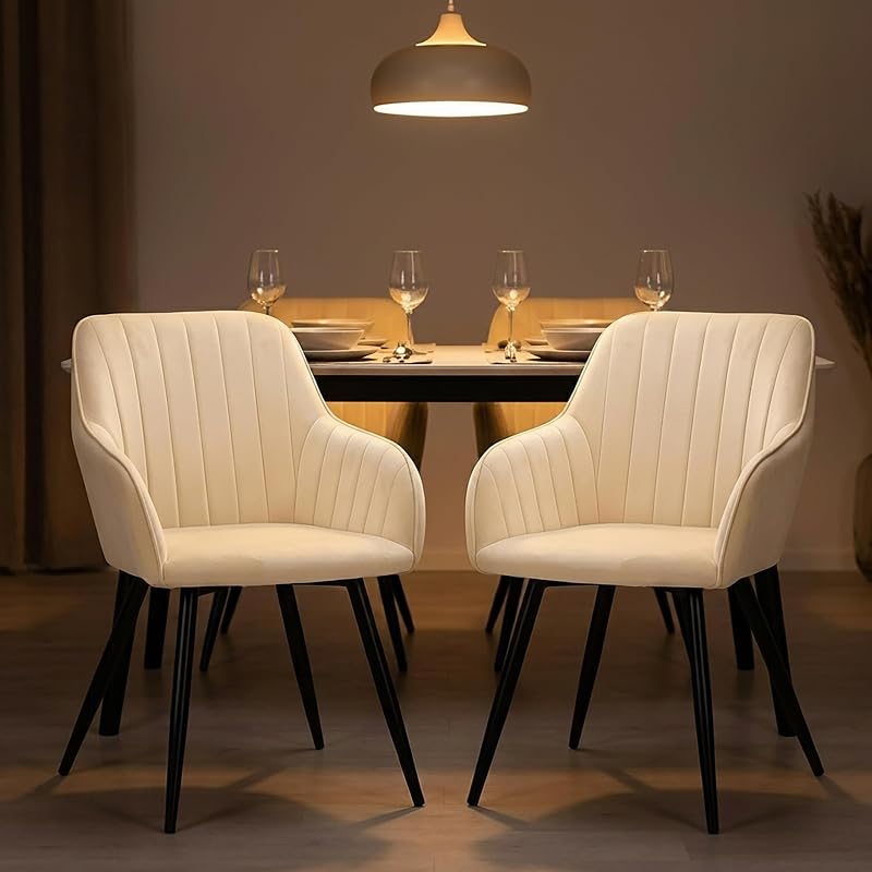 Silla de Comedor, Set 2, Terciopelo, Patas Metal, Brazos, Beige