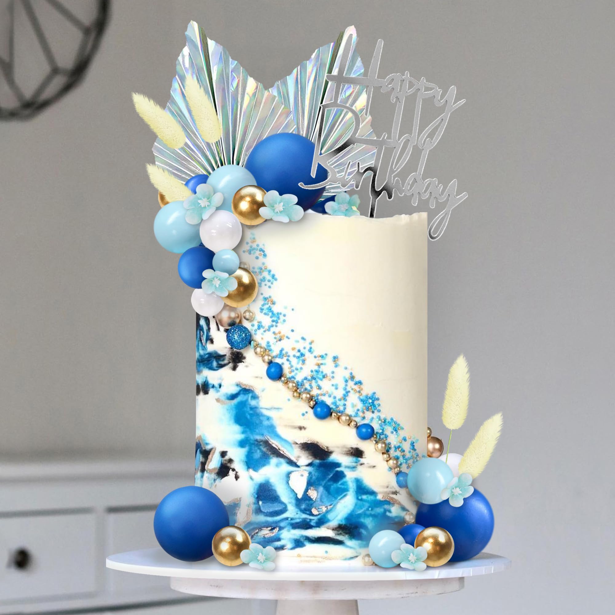 Photo 1 of Flower Boho Cake Topper Ball Cake Decorations Navy Blue Balls Happy Birthday Boho Grass Cake Toppers for Wedding Baby Shower Birthday Boho Themed Party Supplies (Navy Blue)