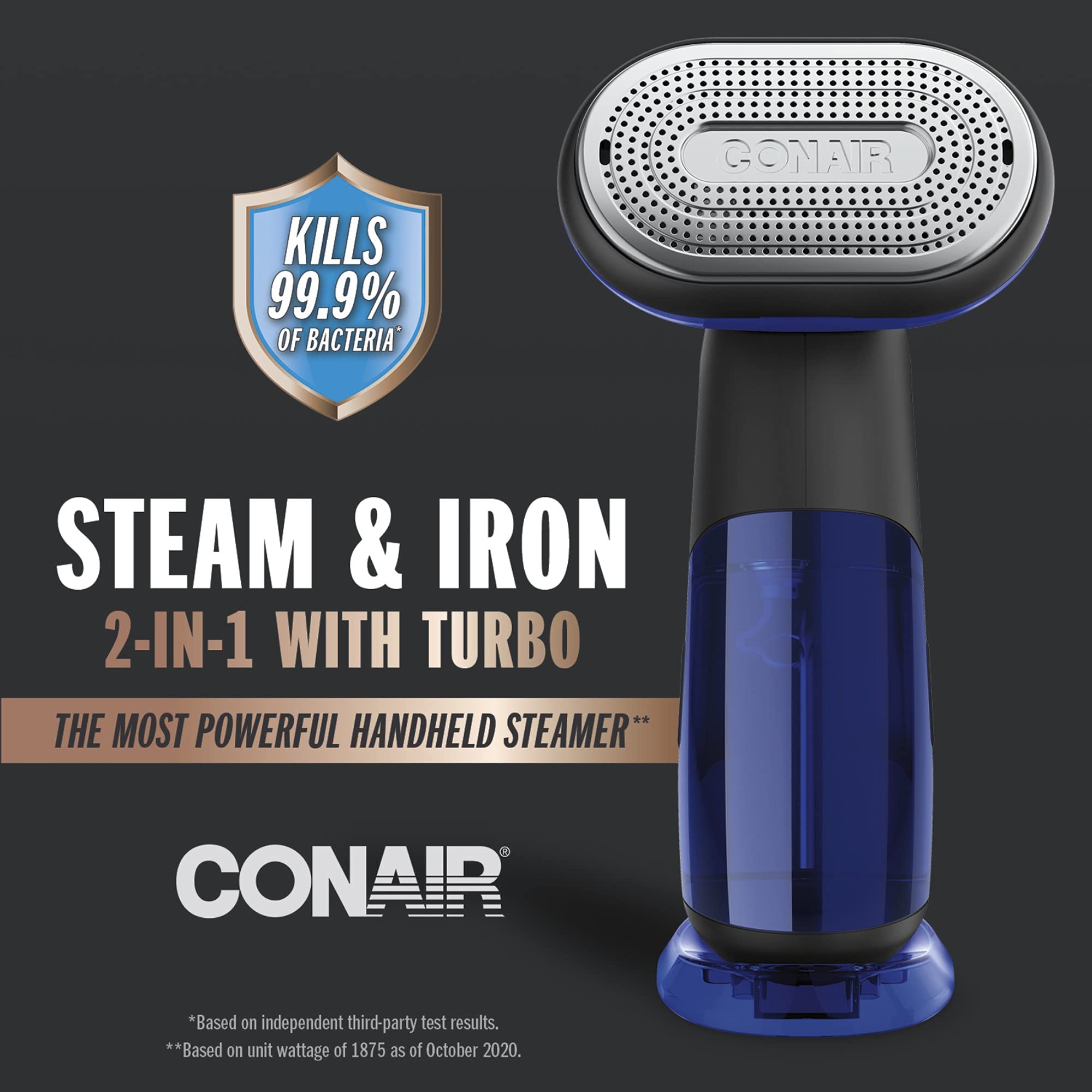 Conair 2-in-1 Handheld Steamer and Iron for Clothes, Turbo ExtremeSteam 1875W Garment Steamer and Clothing Iron,Black / Blue