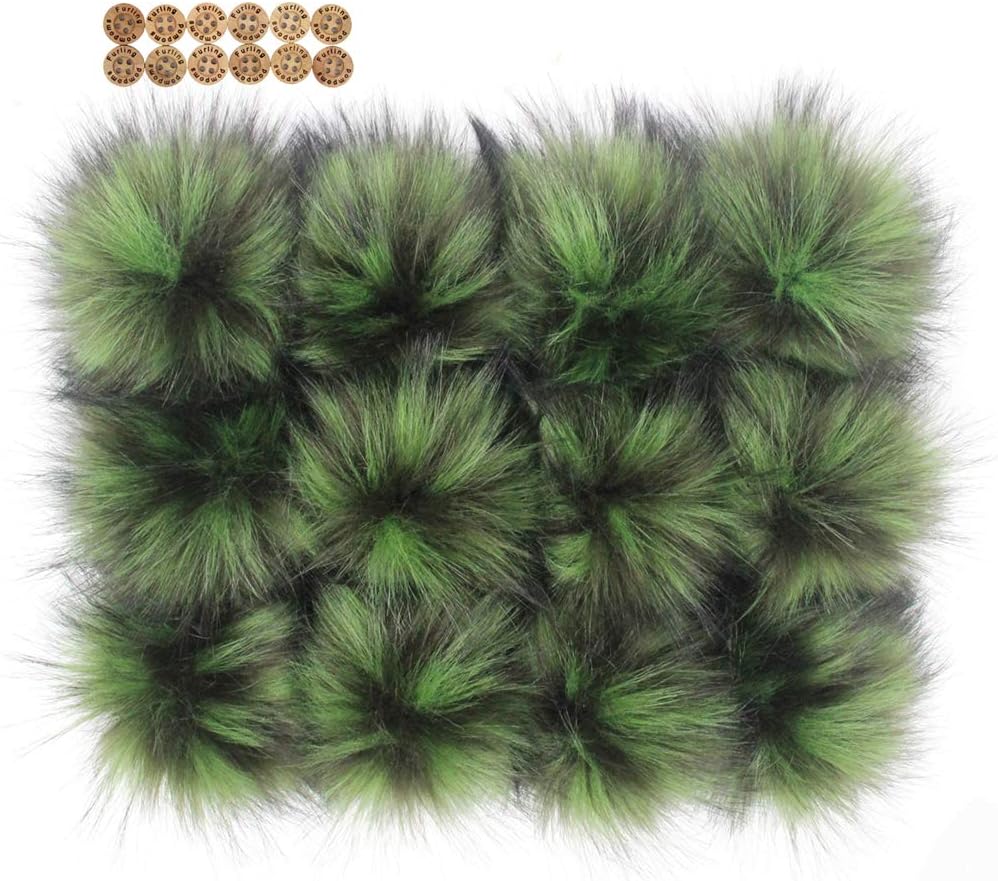 Fluffy Faux Raccoon Fur Pompoms - 12pcs Handmade Hairy Ball Fits for Knitted Hats Scarves Shawls Key Chain Accessories 5.5 inches (Dark Green)