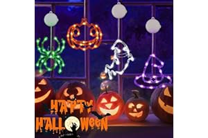 BHCLIGHT 4 Pack Halloween Decorations, Orange Pumpkin, White Ghost, Purple Witch Hat, Green Spider Lights, Battery Operated Halloween Window Lights with Suction Cup and Timer for Decor