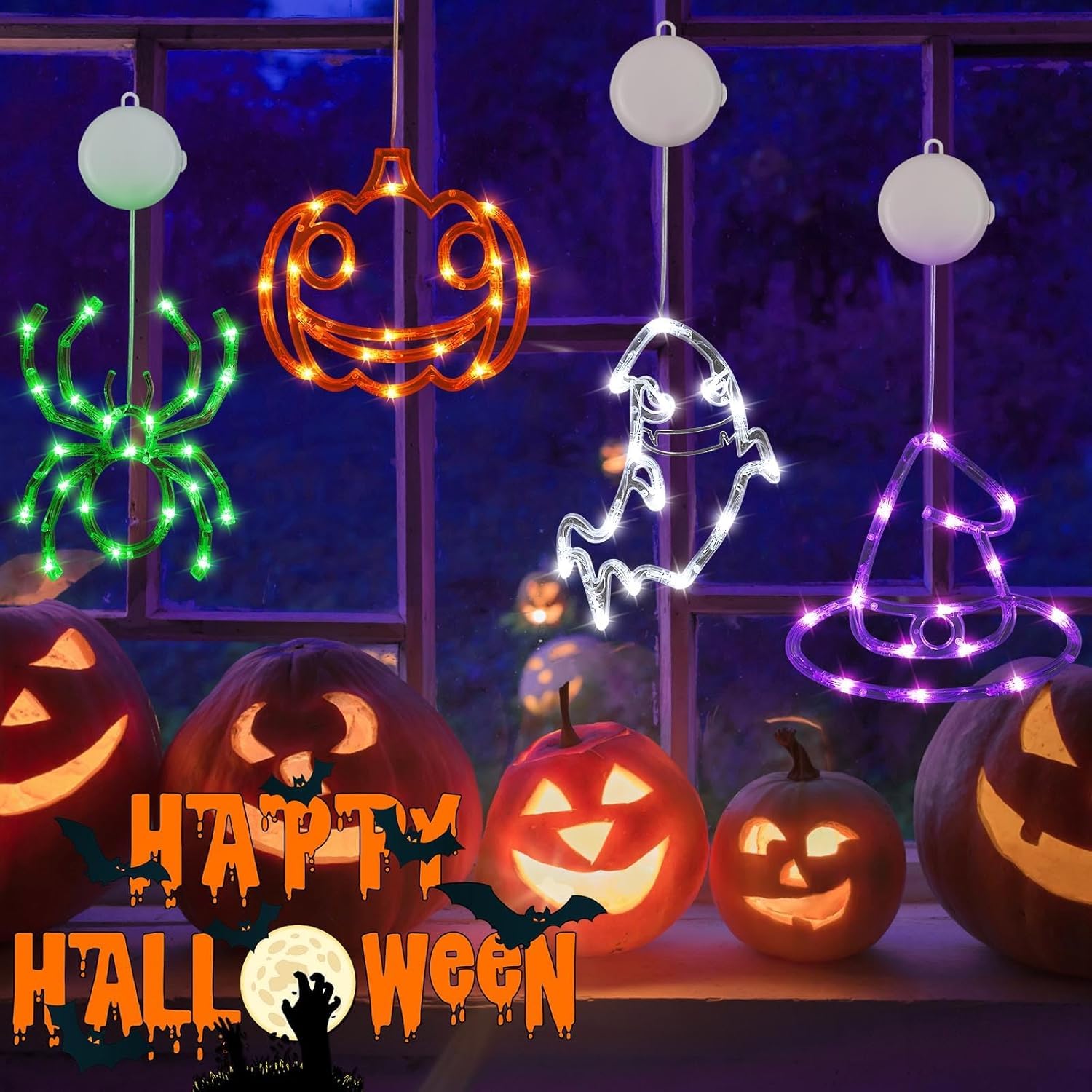 Photo 1 of 4 Pack Halloween Decorations, Orange Pumpkin, White Ghost, Purple Witch Hat, Green Spider Lights, Battery Operated 