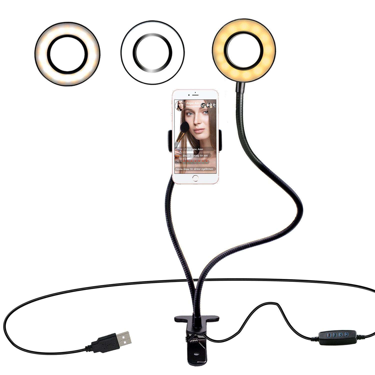 SHEKAR Dimmable Selfie Ring light with Cell Phone Holder | Flexible Mobile Phone Clip Holder Lazy Bracket Desk Lamp with Clip| Perfect for Live Stream, Youtube, Facebook