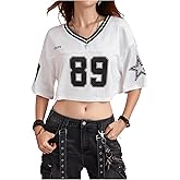 Verdusa Women's Jersey Shirts Hip Hop V Neck Short Sleeve Mesh Crop Top Graphic Tees