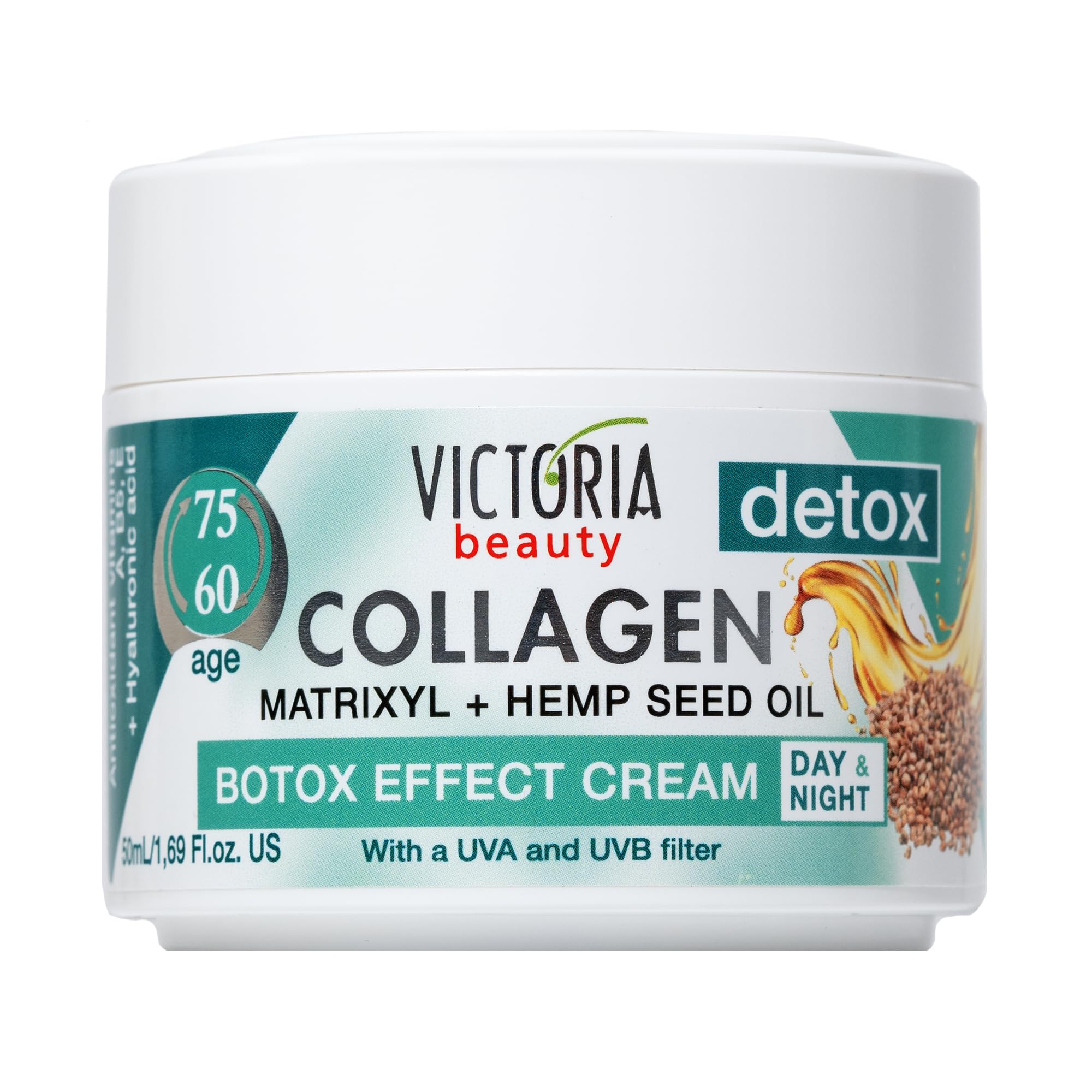 Victoria Beauty Anti Wrinkle Face Cream (Age 60-75) - Day and Night Face Moisturiser with Collagen, Hyaluronic Acid, Matrixyl, Hemp Seed Oil - UVA/UVB Filter, 50ml