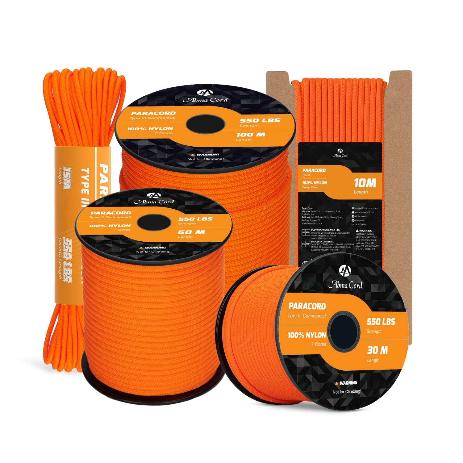 Abma Cord Paracord 550 4mm 30m 100% Nylon Rope Type III 7 Strands Parachute Cord for DIY, Camping, Survival, Outdoor - Max. 250kg - Orange
