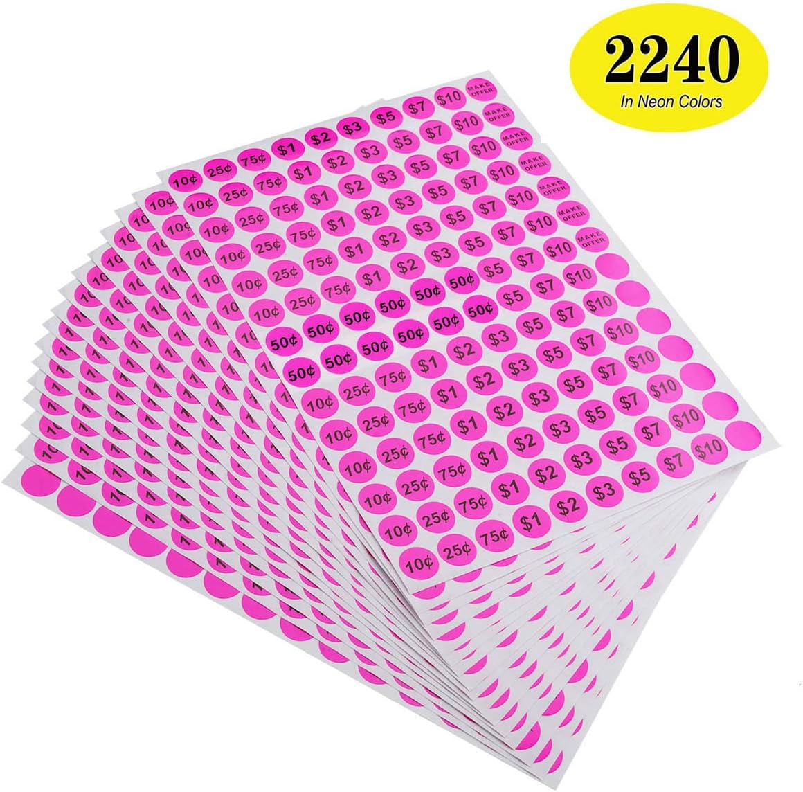 ONUPGOONUPGO Garage Sale Stickers, 3/4" Round Label Yard Sale Price Stickers Preprinted Removable Pricing Labels, Bright Neon Colors with Blank Label (2240 Pcs)