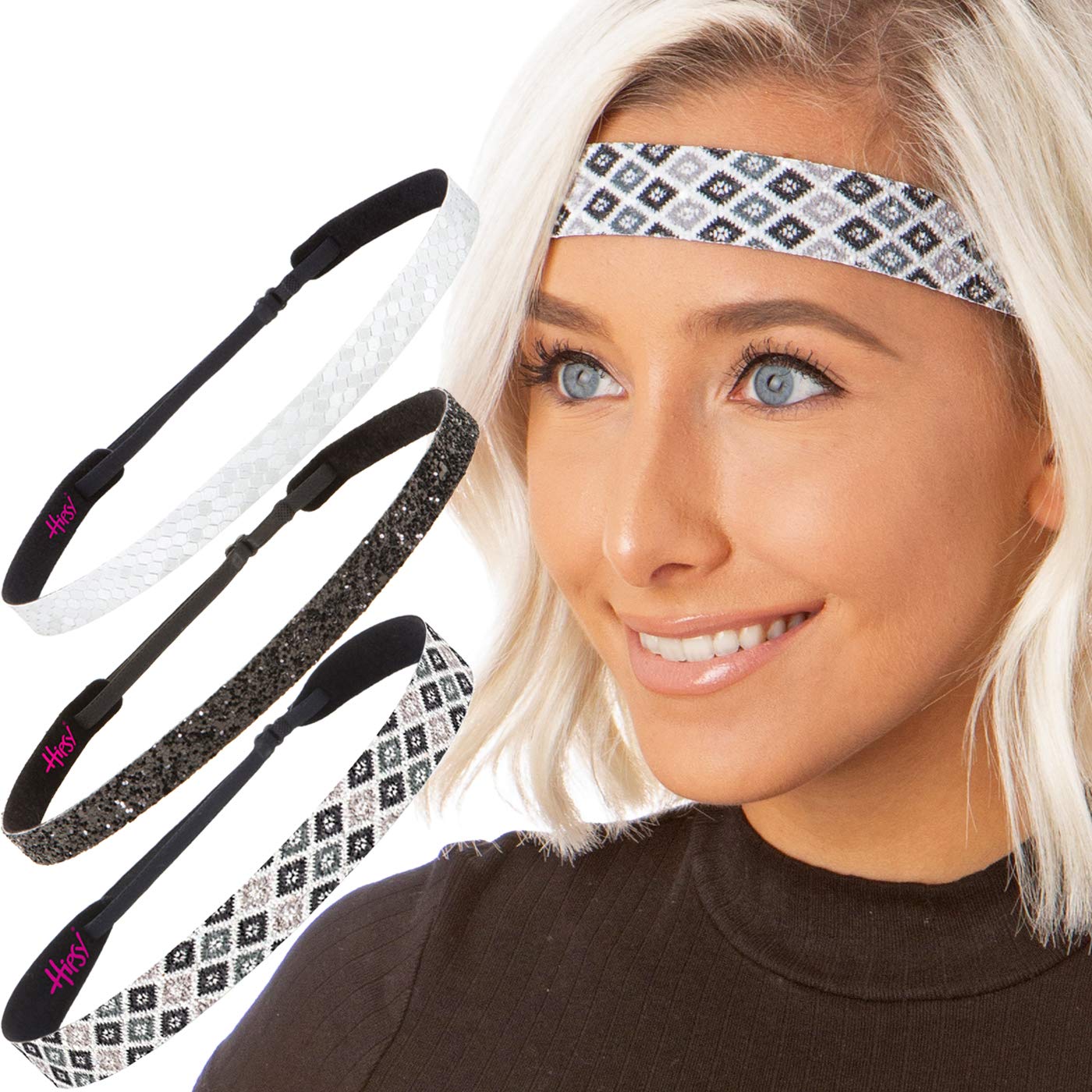 Hipsy Cute Fashion Adjustable No Slip Hairband Headbands for Women Girls & Teens (Black & Grey Flame Stitch 3pk)