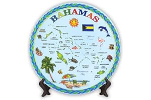 ROCKIN GEAR Decorative Mini Plate Bahamas Island Blue Map Souvenir and Gift Decorative Collectible Plate with Display Stand 5" Inch Ceramic Small Plate, Best Bahamas Gift or Souvenir Collectible Idea (Bahamas)