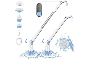 AUQQ ZISIZ Electric Spin Scrubber, Shower Scrubber with LED Display & 4 Replacement Brush Head, 2H Bathroom Scrubber Dual Speed, Electric Cleaning Brush for Bathtub Grout Tile Floor