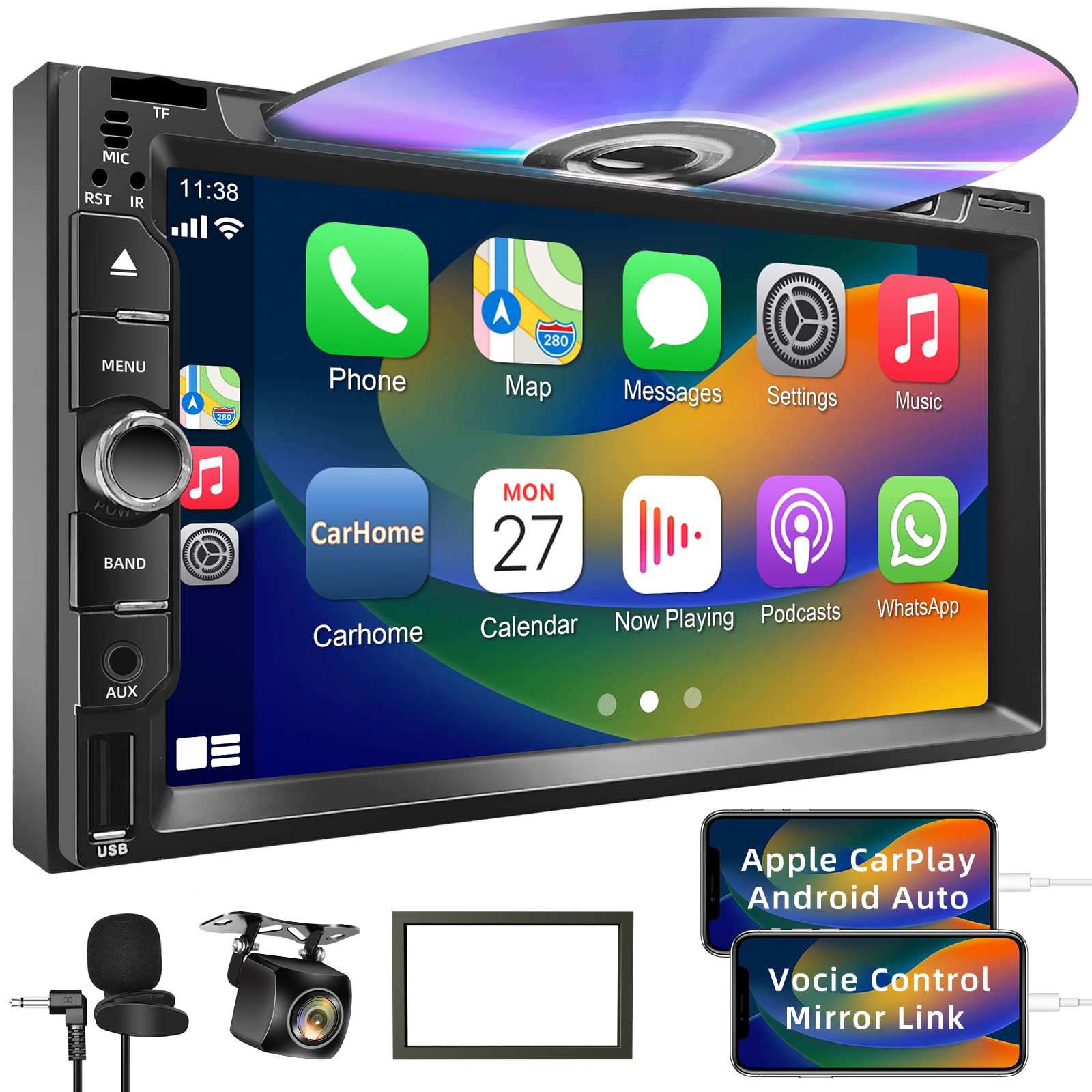Double Din Car Stereo with Carplay&Android Auto,7 Inch HD Touchscreen ...