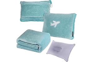 Nenolix 3 in 1 Travel Blanket Pillow Set - 350 GSM Thick Travel Blanket Airplane Compact with Bag, Soft Bag with a Pocket, Inflatable Travel Pillow for Camping & Car Trip(Mint Green)