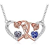 Iefil Birthstone Jewelry for Women - 925 Sterling Silver Birthstone Necklace, Double Heart Necklaces for Women, Anniversary Birthday Gifts for Women Wife Girlfriend Mom