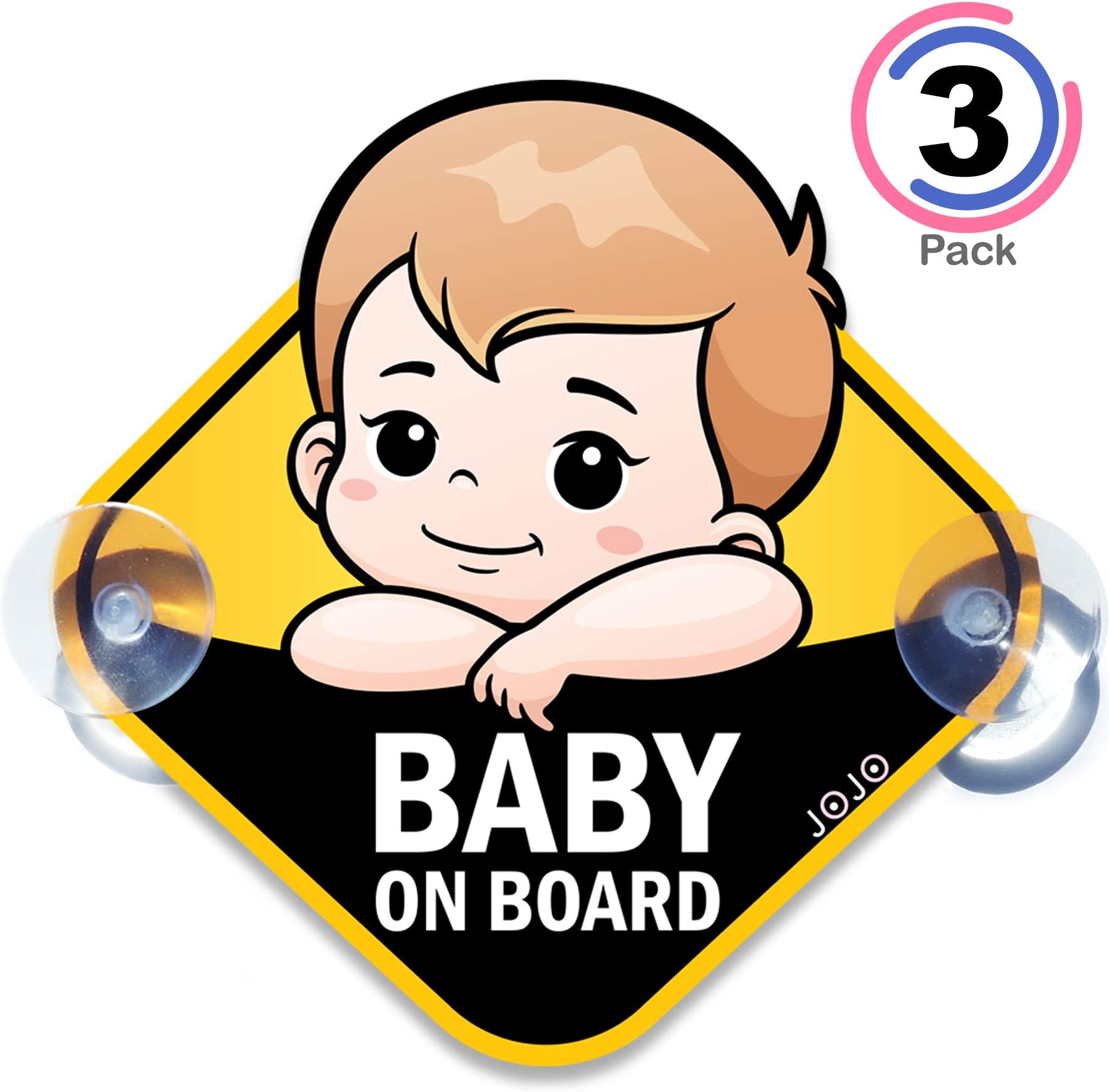 JOJO Baby on Board Safety Sign for Cars - Two PVC Sign, Dual Suction Cups, Free Bumper Sticker Included, Nice Gift Parents, Through Smart Vision Group