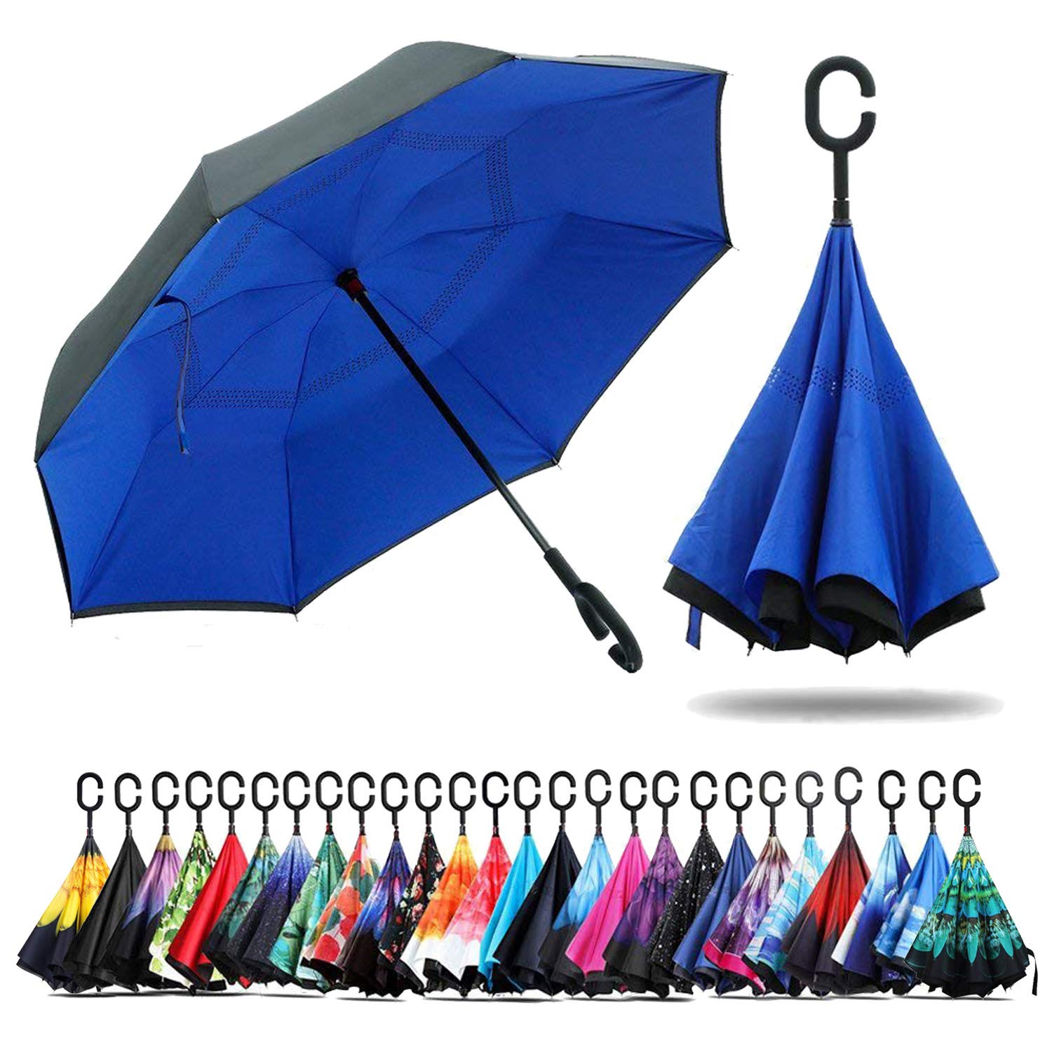 NNY Inc Double Layer Inverted Umbrella Cars Reverse Open Folding Umbrellas, Windproof UV Protection Large Self Stand Upside Down Straight Umbrella for Golf Women and Men with C-Shaped (Blue)