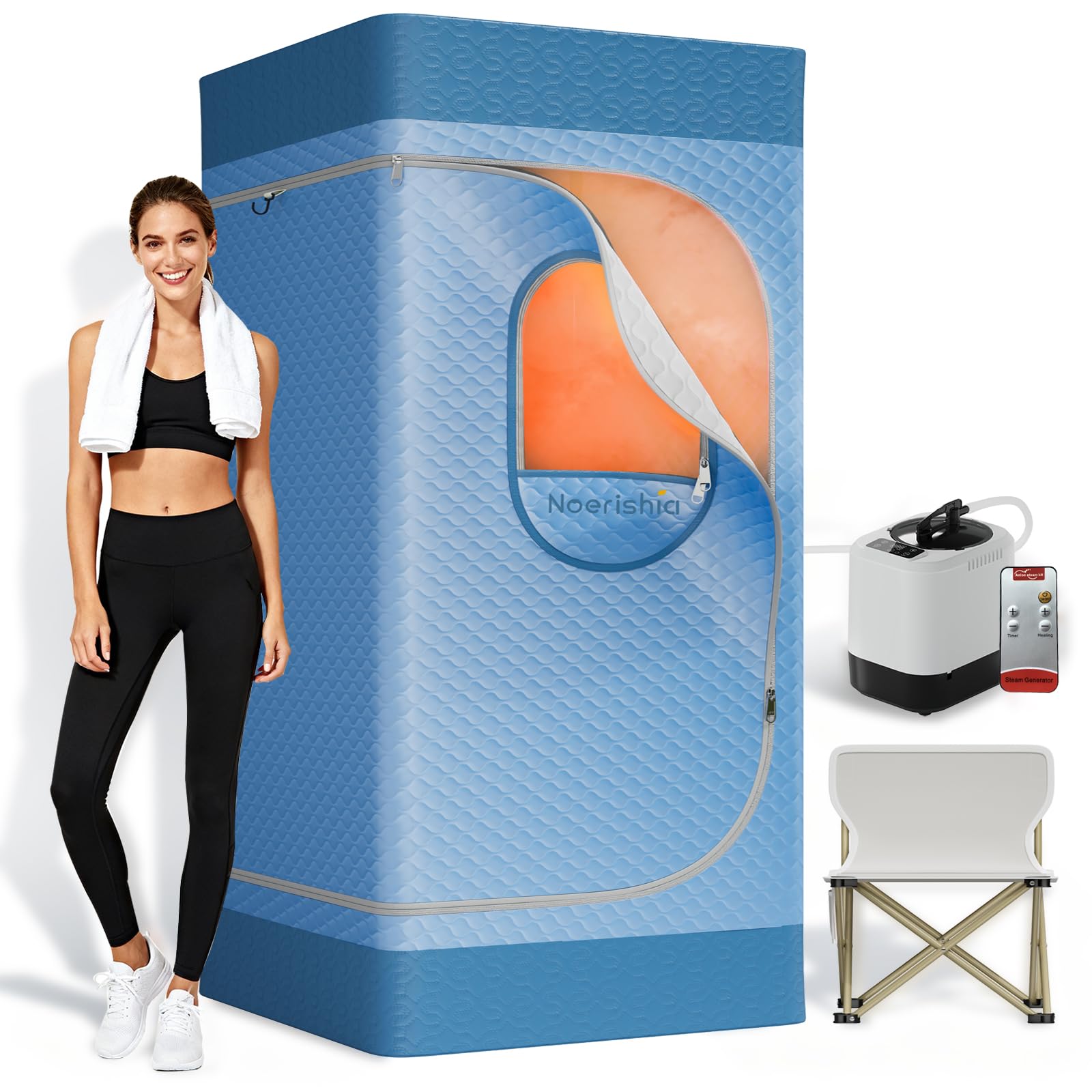 Photo 1 of noerishia Portable Sauna for Home with 3L 1200W Steamer, Big Folding Chair, 99 Mins Timer, 9 Levels, Pernoanl Steam Sauna Tent Dual YKK Zippers for Home Spa Detoxification, 32' x32' x 71', Light Blue