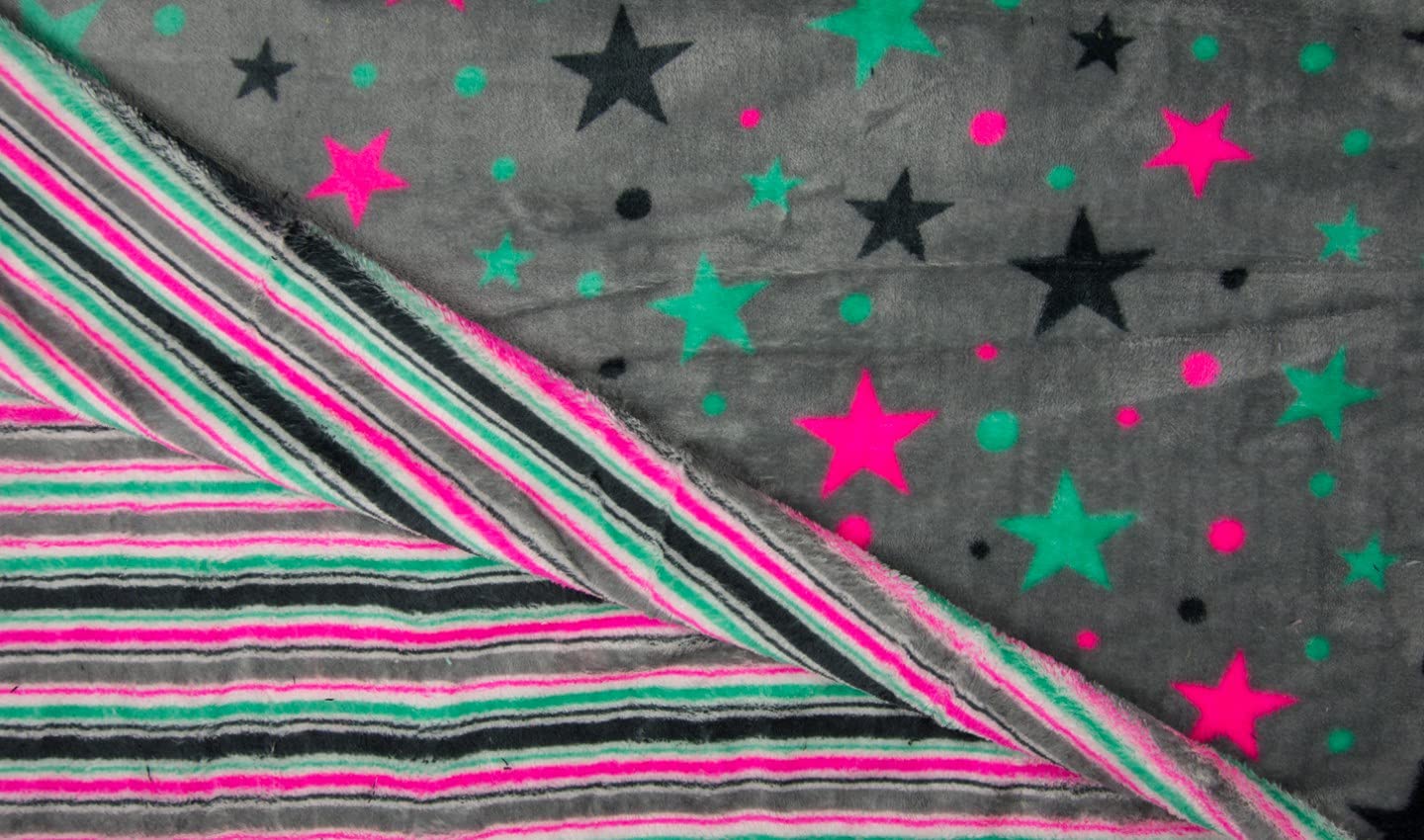 CRS Fur Fabrics Luxury Reversible Soft Coral Cuddle Fleece Fabric Material-Stars & Stripes Grey, 1Mtr 140cmx100cm, Polyester, Multi