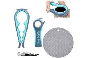 Jar Opener，Latest Jar Opener and 5 in 1 Bottle Opener, with Food-Grade Silicone Heat-Resistant Pad and Wine Key, Non-Slip Can