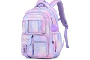 Kawaii Girls Backpack for School with Furry Pendant, Kids Backpack for Girls School Bags Multi-Pocket, B05-Purple