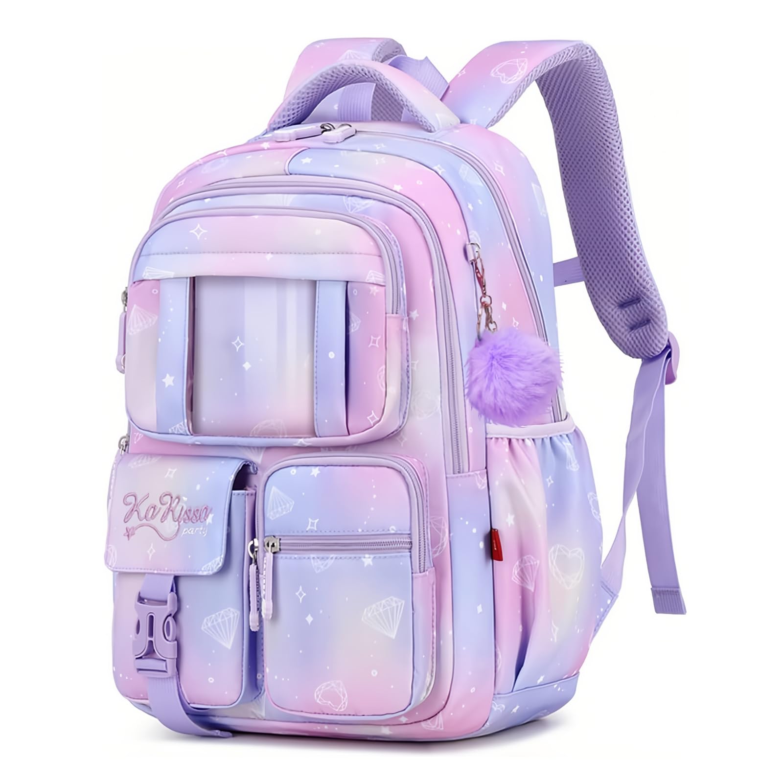 Photo 1 of *DIRTY* Kawaii Girls Backpack for School with Furry Pendant, Multi-Pocket Girls School Bags Backpack for Kids, B05-Purple