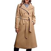Fisoew Women Double Breasted Coats Long Winter Work Office Overcoat Pocketed Outwear with Belt