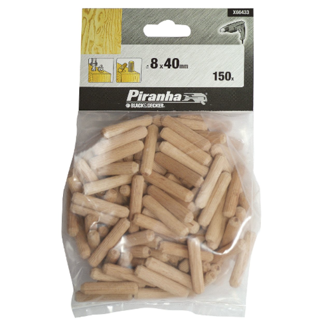 Black & Decker X66433 Wooden Dowels 8mm x 40mm - 150 Pieces