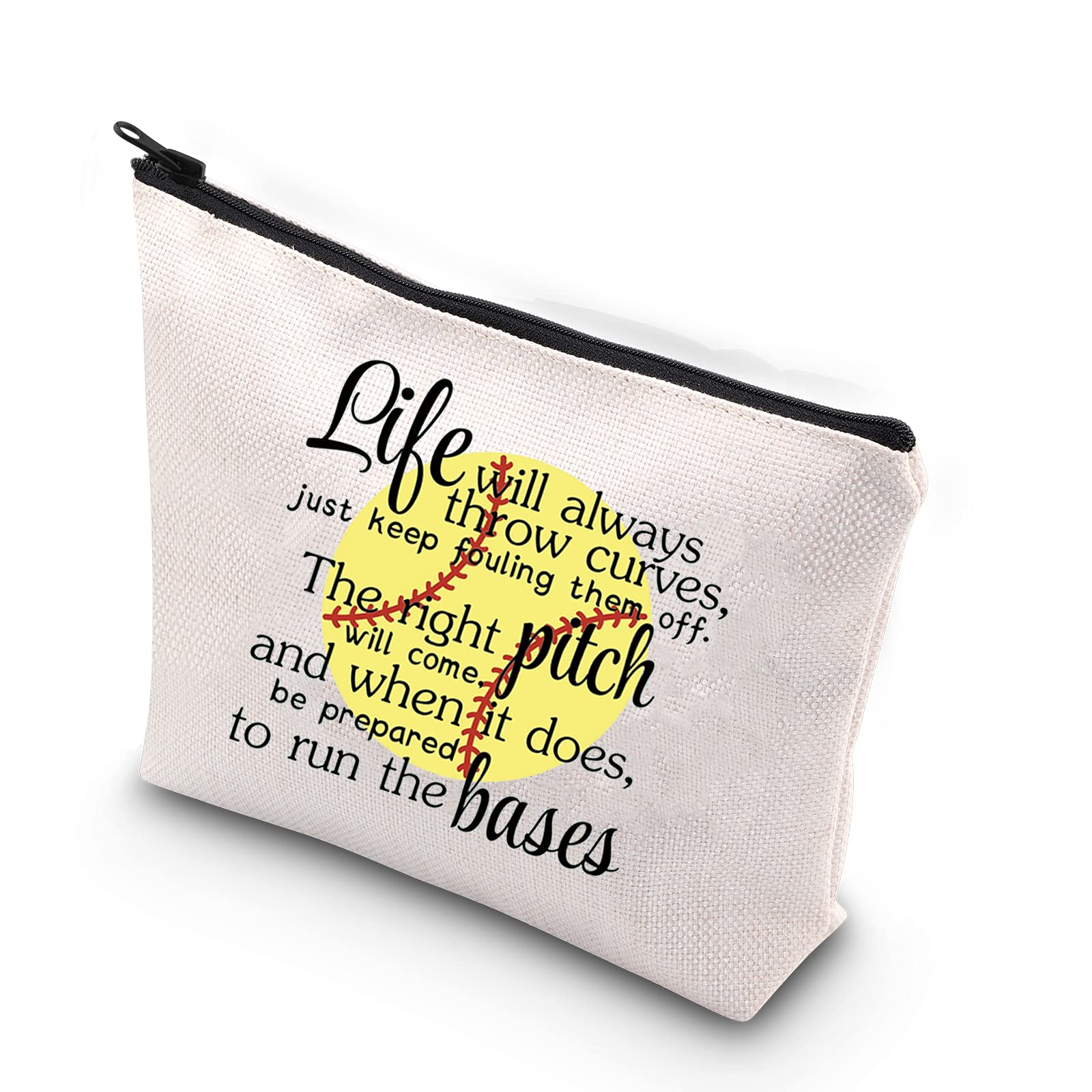 WCGXKO Softball Gift Softball Player Inspirational Gift Life Will Always Throw Curves Softball Theme Makeup Bag, Throw Curves,