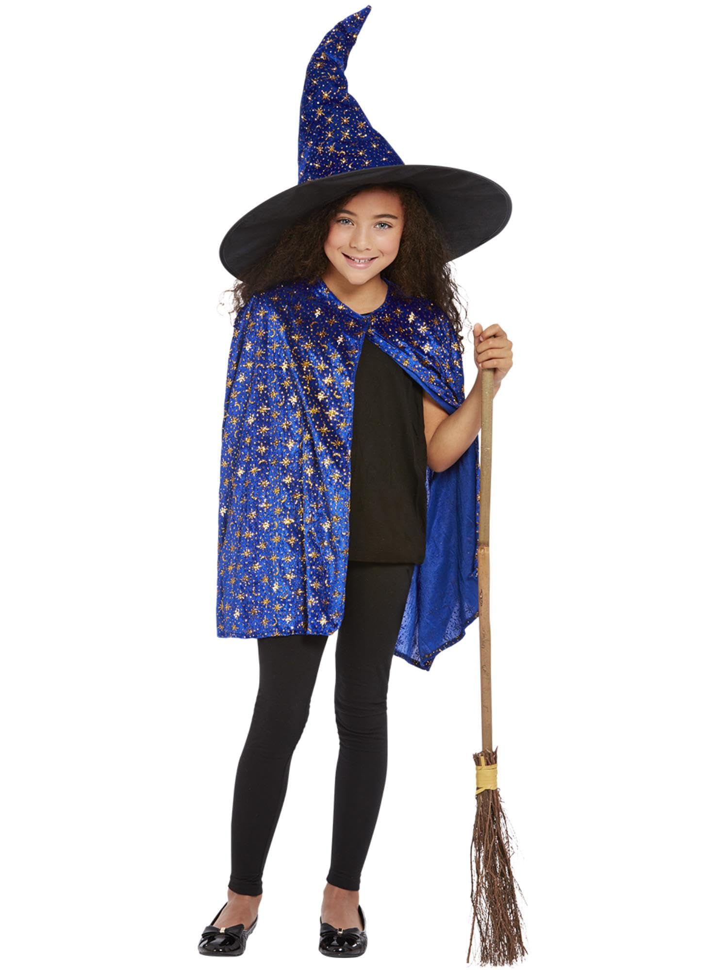Smiffys Deluxe Glitter Witch Kit Cape & Hat, Halloween Child Fancy Dress, Witch Dress Up Accessories