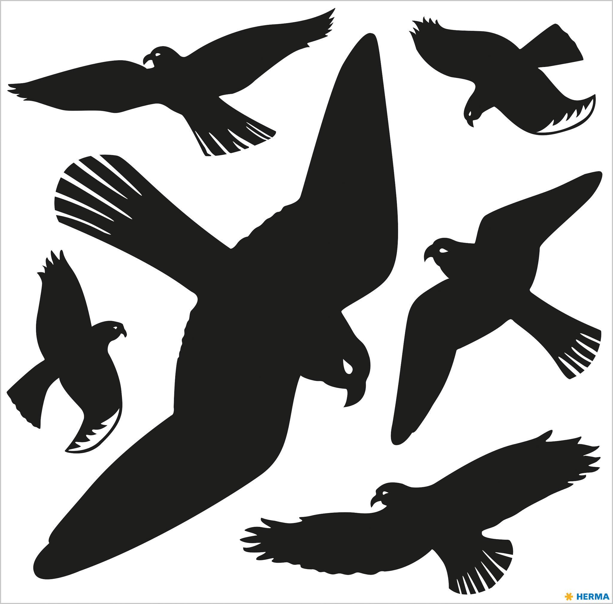 HERMA Warning Birds Bird Sticker Set for Window panes Large, 6 Pieces, 30 x 30 cm, self-Adhesive, Removable and Reusable, Bird Protection for Windows Made of Weatherproof Rigid Film, Black