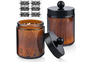 QEIRUDU 2 Pack Glass Apothecary Jars with Lids and Labels - Bathroom Counter Storage Jars, Qtip Holders Vanity Countertop Canisters (Amber)