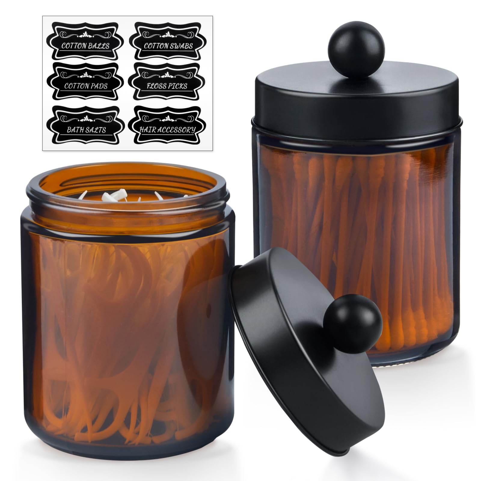 Photo 1 of 2 Pack Glass Apothecary Jars with Lids and Labels - Bathroom Counter Storage Jars, Qtip Holders Vanity Countertop Canisters (Amber)