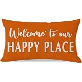 HERHOME Throw Pillow Cover 12x20 Inch Welcome to Our Happy Place, Orange | Outdoor Farmhouse Fall Front Porch Patio Decor Lumbar Decorative Cushion Case Decoration for Home Living Room Sofa Couch