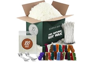 Hearth & Harbor Natural Soy Wax and DIY Candle Making Supplies - 10 Lbs Soy Candle Wax Flakes, 24 Candle Wax Dye Blocks, 100 Cotton Wicks, and 2 Metal Centering Device, Multicolored