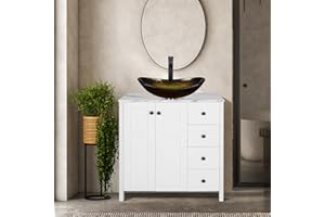 Puluomis 32 Inches Traditional Bathroom Vanity Set in White Finish, Single Bathroom Vanity with Marble Texture Top and 4 Drawers, Gold Boat Glass Sink Top with Single Faucet Hole