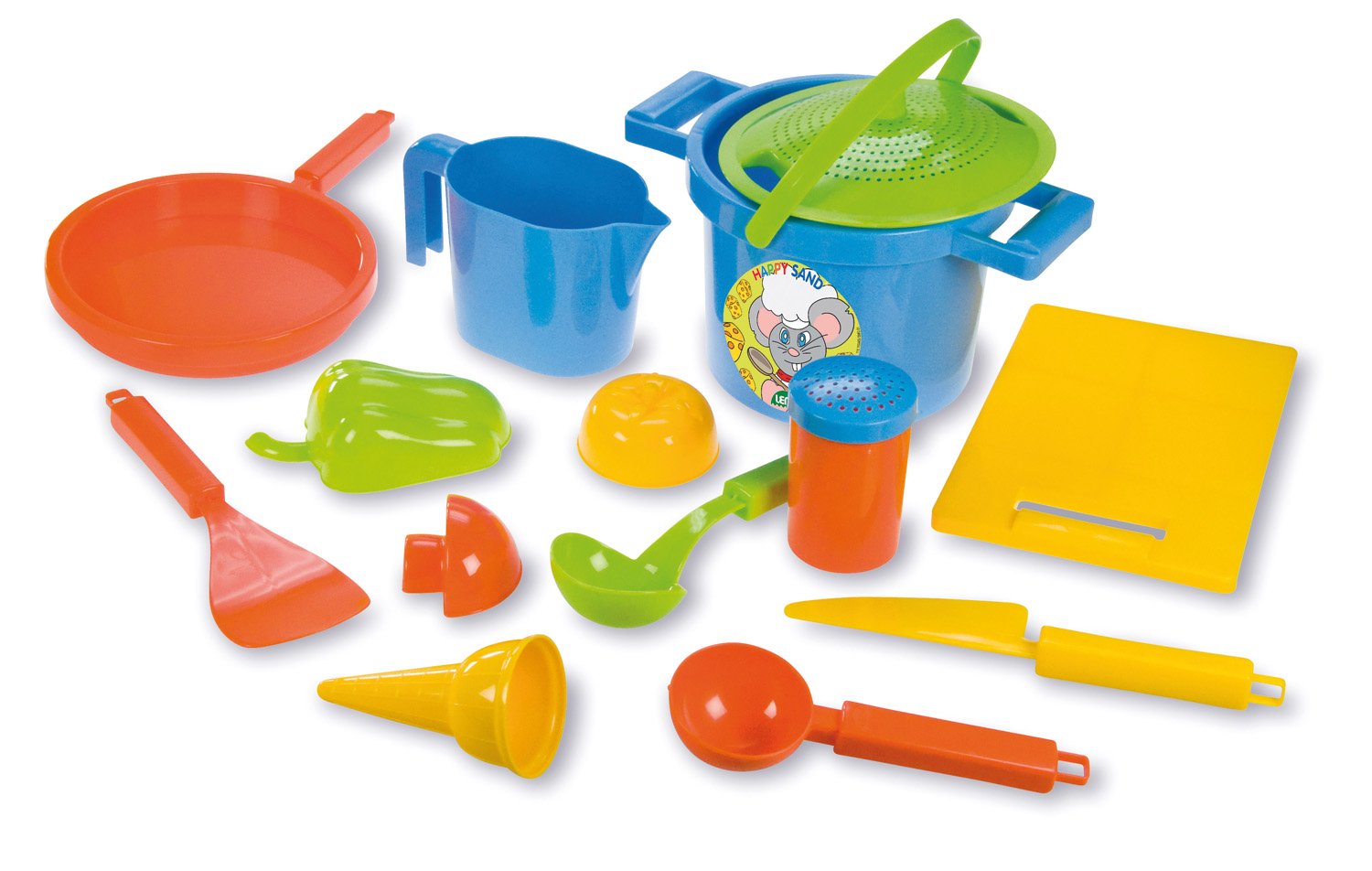Lena 05410 - Happy Sand cooking play set I, 14 pieces, sand and water toy set for children from 2 years, with pot, strainer, 3 moulds, board, pan, ice cream spoon and cone and other accessories