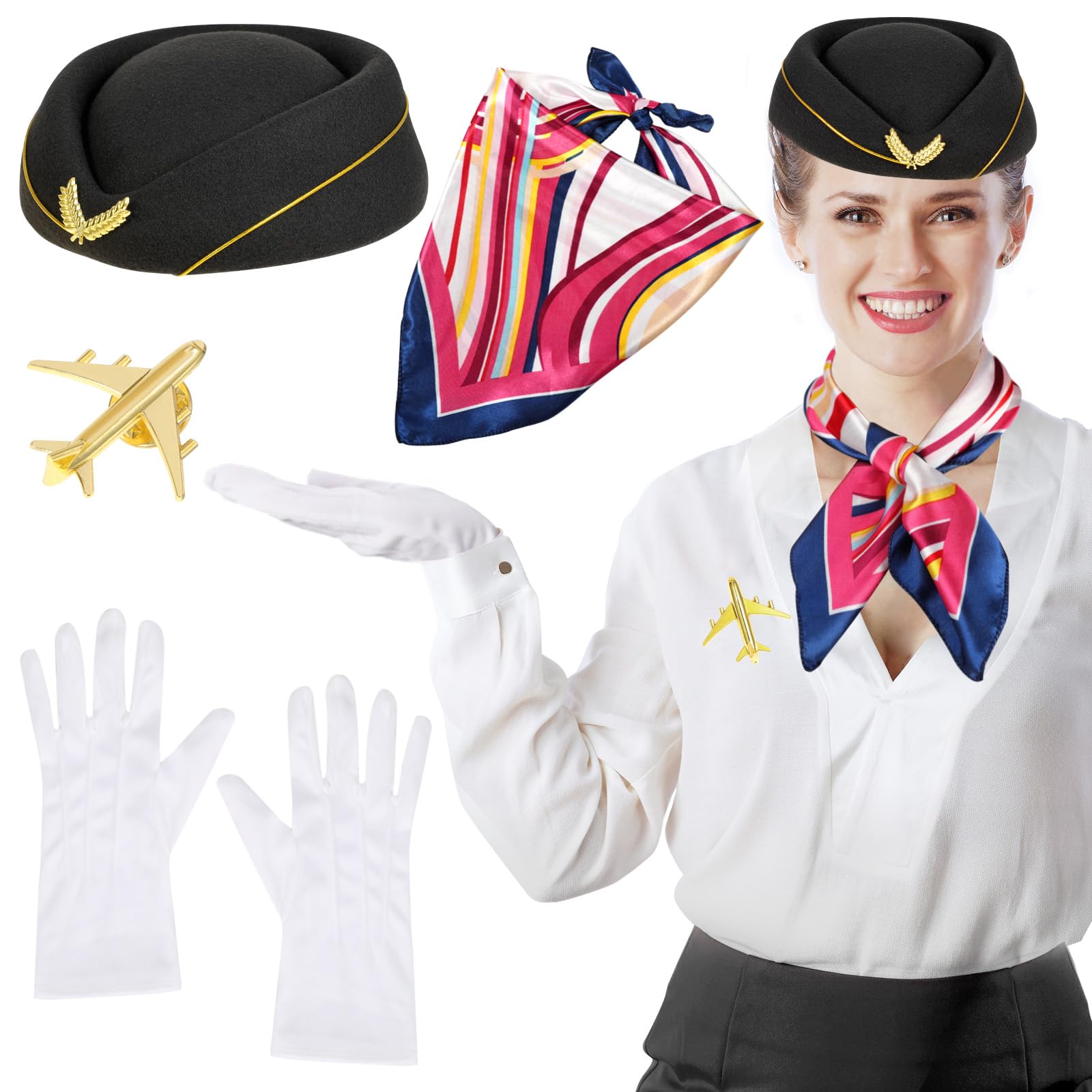 XEPST 4PCS Flight Attendant Costume for Women - Stewardess Costume Accessories Set with Flight Attendant Hat Scarf Gloves Brooch for Women Halloween Costumes Cosplay Carnival Fancy Dress Up, Black