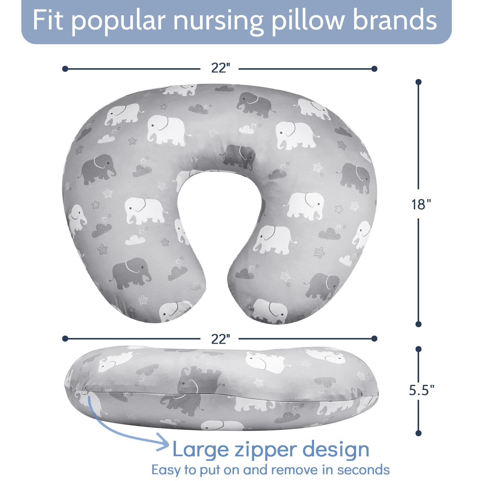 TANOFAR Nursing Pillow Cover, Elephant Breastfeeding Pillow Slipcover for Baby Boys & Girls, Animal Nursing Pillow Case for Newborn, Soft Fabric Fits Snug On Infant, Washable & Breathable