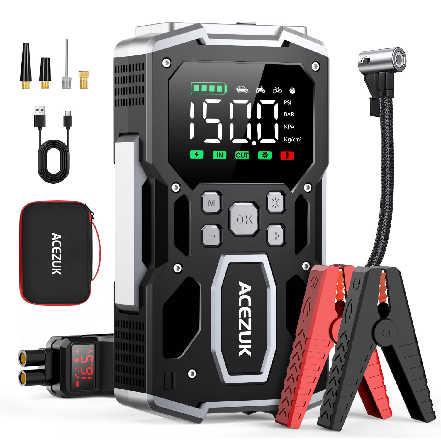 Photo 1 of Portable Car Jump Starter with Air Compressor, ACEZUK 150PSI 7000A Jump Starter (All Gas/10.0L Diesel), 12V Battery Jump Box Car Battery Jumper Starter with 3.4" LCD Display, 2 Lights
