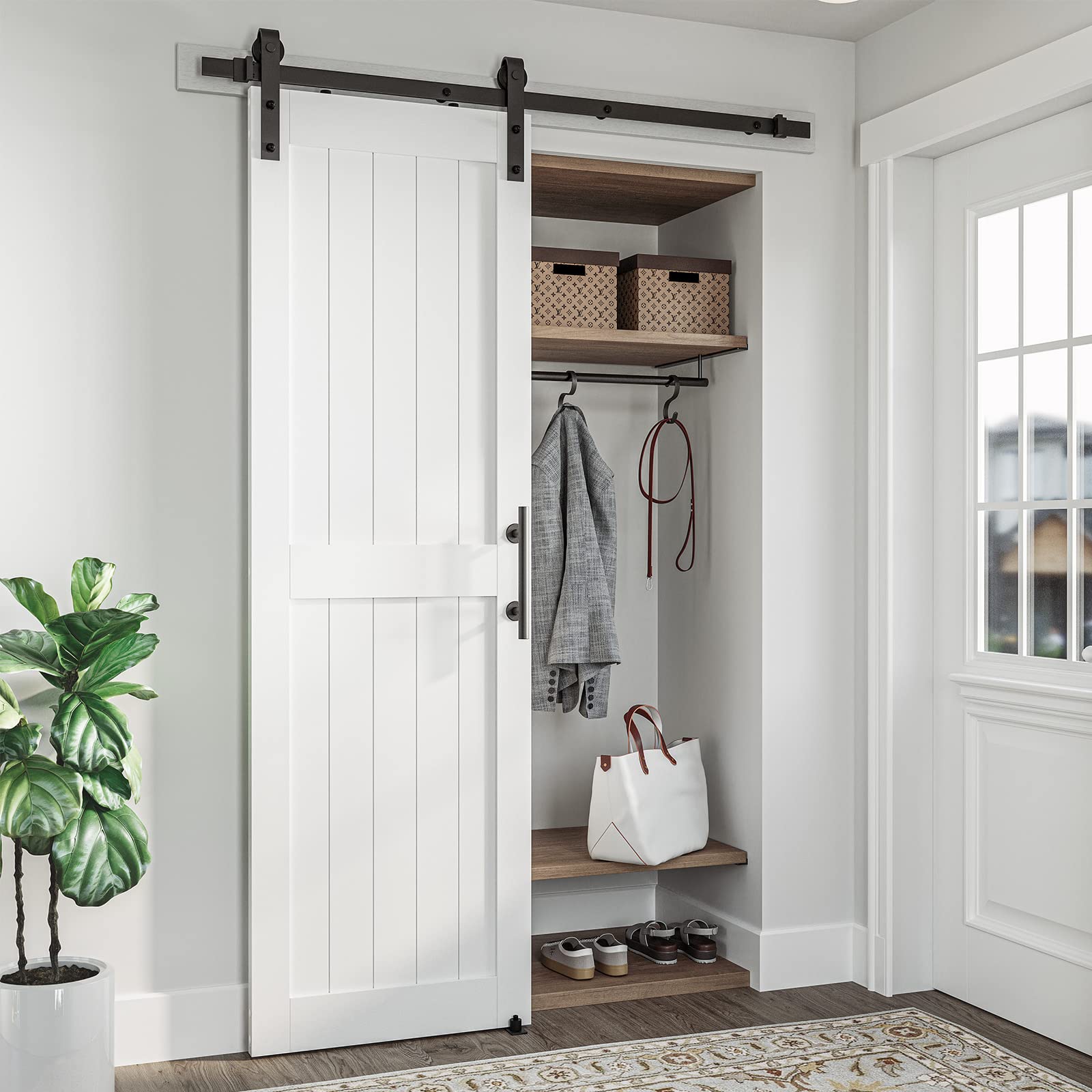 Photo 1 of ALAMEDADT 26''x84'' Sliding Barn Door with 5 Ft Barn Door Hardware Kit& Handle& Floor Guides,Pre-Drilled Holes Easy Assembly - Include Installation Manual, Water-Proof PVC Surface, H-Frame, White