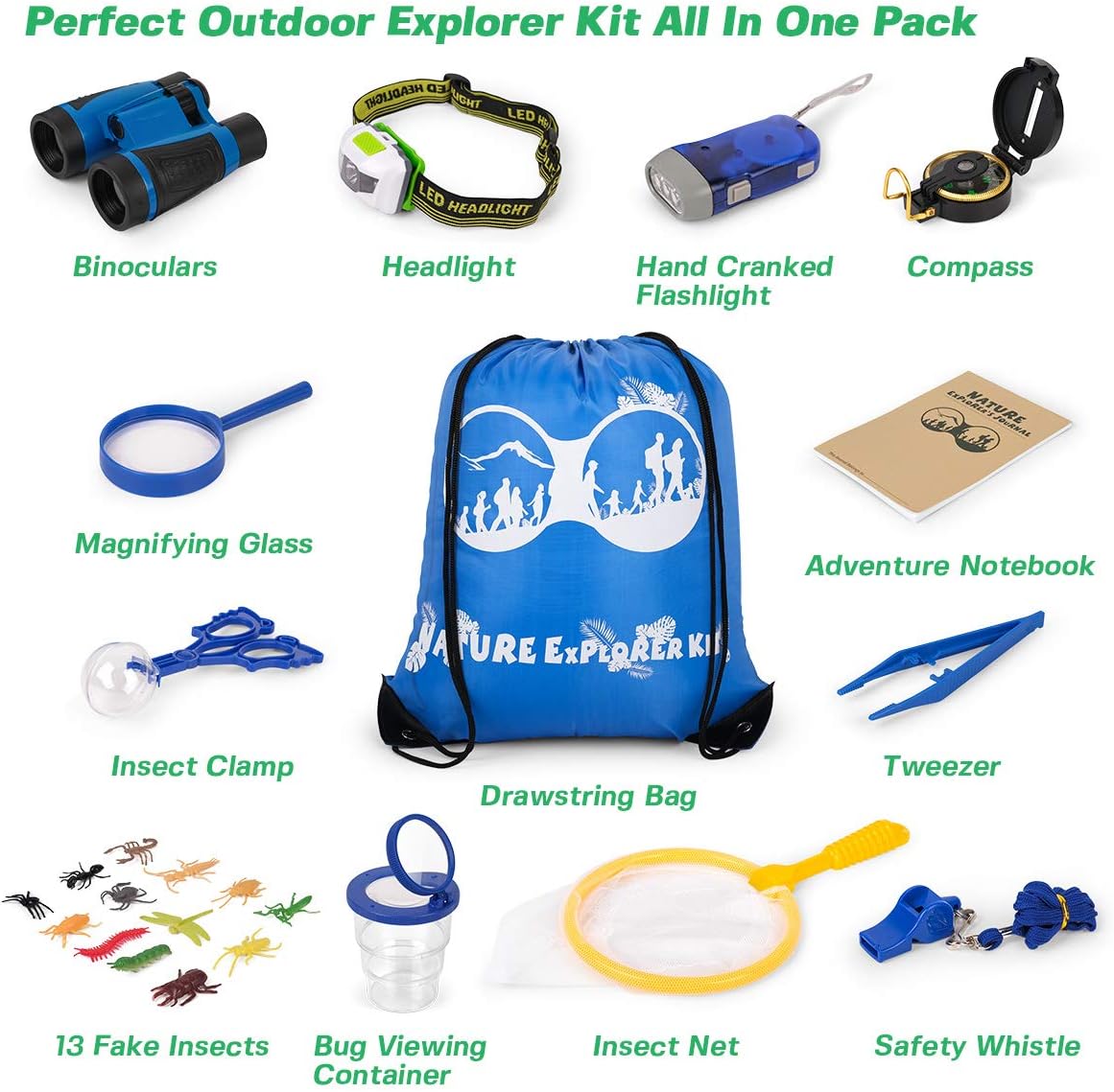 D-FantiX Kids Nature Explorer Kit, 24Pcs Outdoor Adventure Set Bug Catcher Kit, Nature Exploration Toys with Binocular Headlight Flashlight Magnifying Glass Compass for Toddlers Camping Hiking Gear: Toys & Games