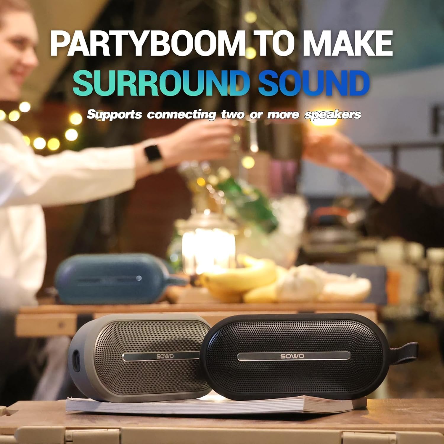 SOWO Portable Wireless Speaker with Bluetooth, Enhanced Immersive Bass, Partyboom Technology, 40W Loud Clear Stereo Sound, IP67 Waterproof, 16H Playtime for Outdoor, Camping and Travel - Deep Black