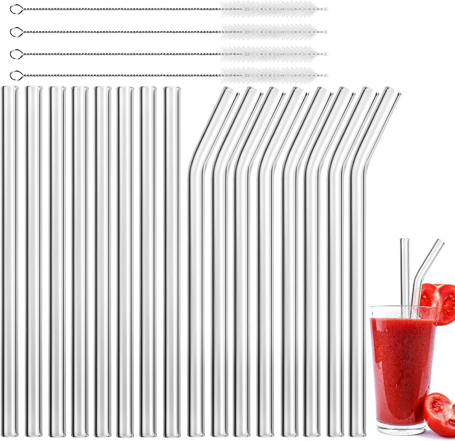 MELLIEX Reusable Glass Straws Eco-Friendly Drinking Straw for Milkshake Smoothie Cocktail, Set of 16 with 4 Cleaning Brush (16 Straws)