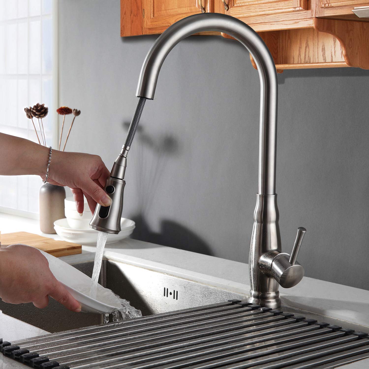 Bulife Pull-Down Sprayer Kitchen Faucet, Single Handle High Arc Lead Free Stainless Steel Brushed, Modern Gooseneck Pullout Spray Head, Faucet for Kitchen Farm Sink with Deck Plate