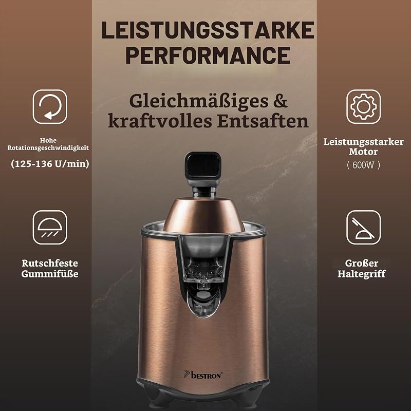 elektrische Saftpresse, Orangenpresse mit Auslauf-Stopp Funktion & edelstahl Fruchtfleischsieb, inkl. 2 Presskegel, 450ml Kapazität, Soft-Press Hebel für einfache Bedienung, Farbe: Kupfer
