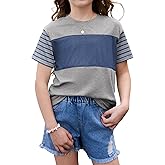 blibean Tween Girls Summer Shirts Short Sleeve Color Block Tops Size 6-15 Years