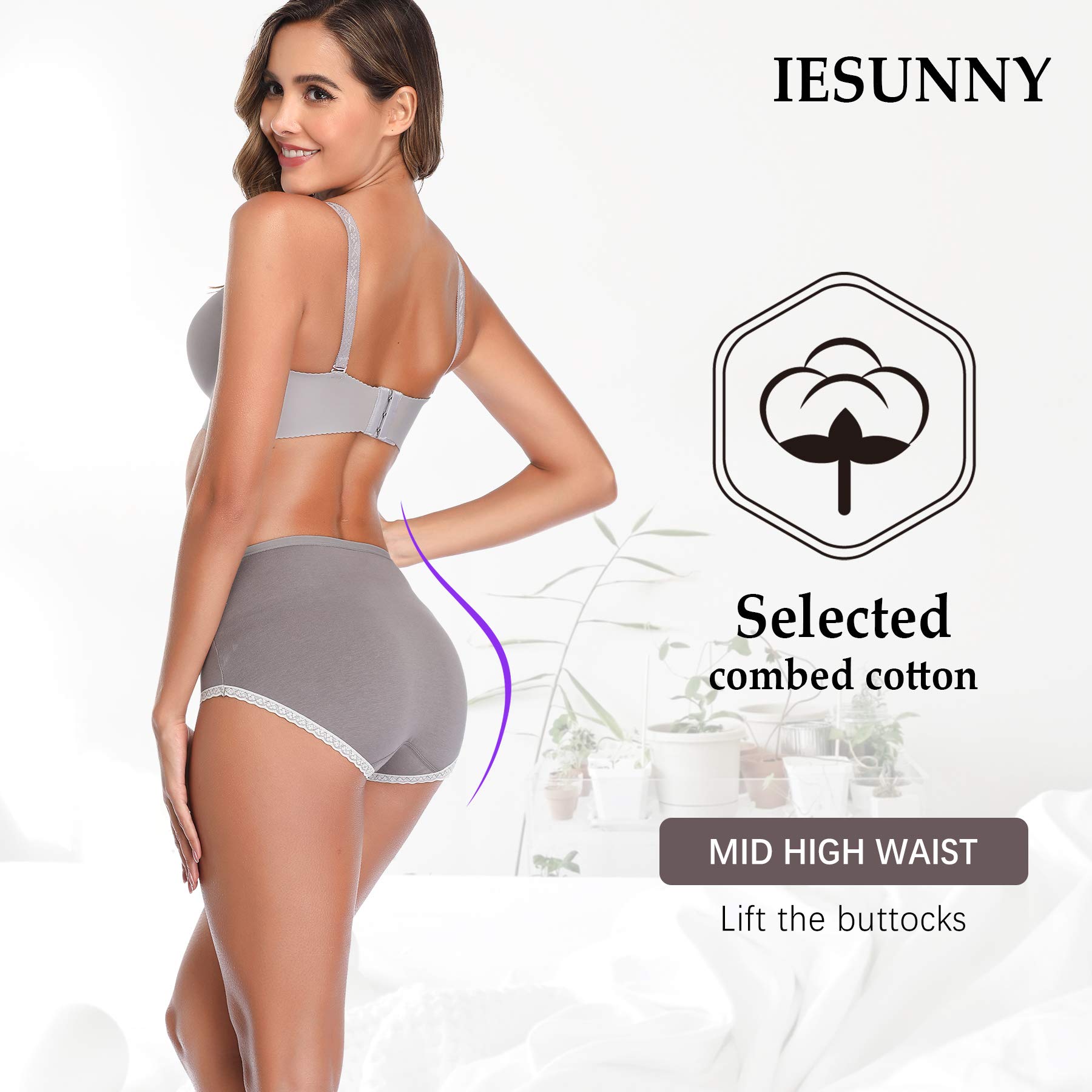 IESUNNY Women\'s Underwear Cotton, Mid Rise Breathable Cotton Lady Soft Panties Briefs for Women (1black+1beige+1green+1gray+1pink=Total 5 Pack, L)