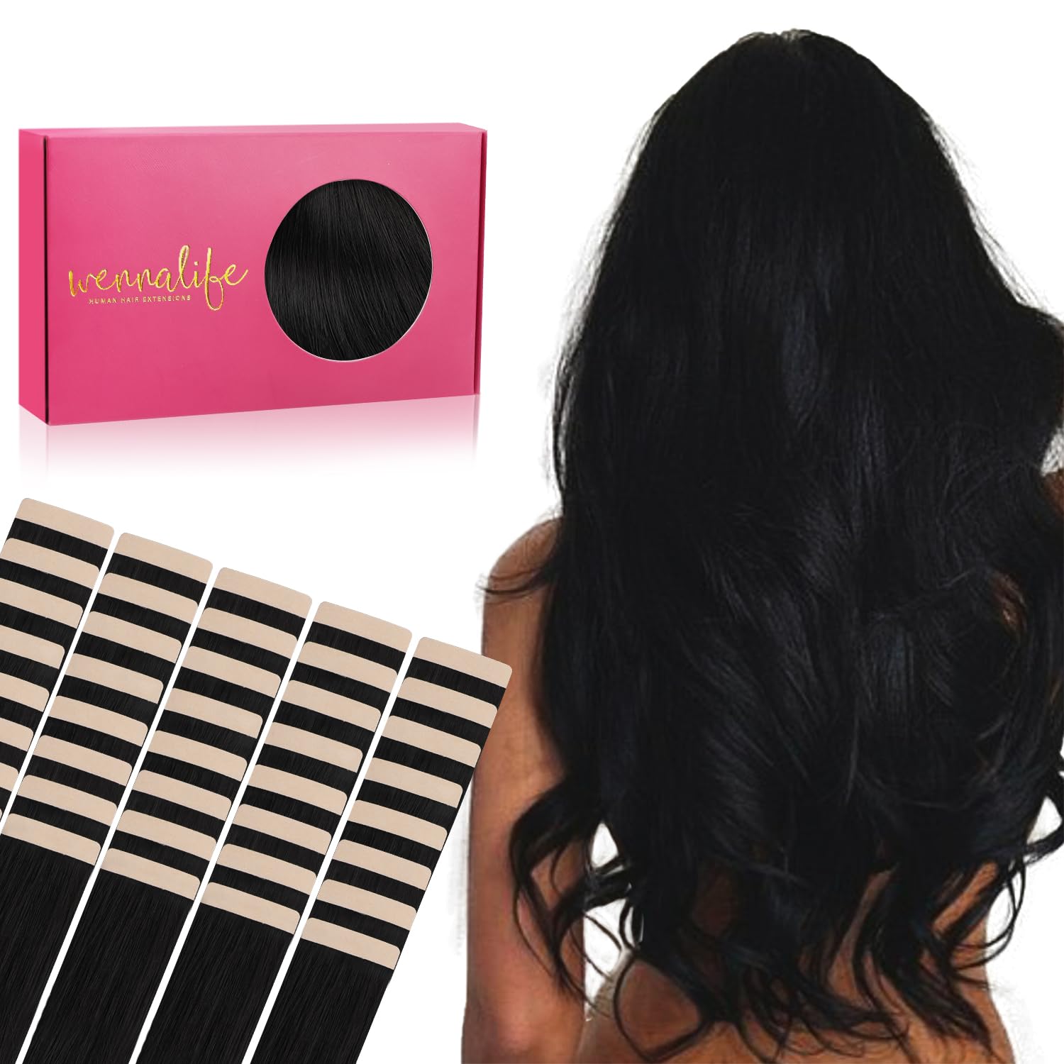 WENNALIFE Tape in Hair Extensions Human Hair, 12inch 40pcs 80 Jet Black Real Human Hair Tape Extensions — image 1