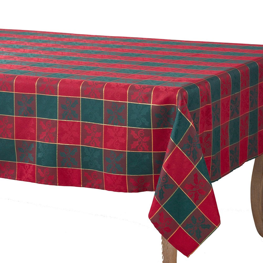Red & Green Christmas Holiday Plaid Designed Printed Holly Tablecloth, Table Cover, Tablecloths, 65'' X 140'' Rectangular