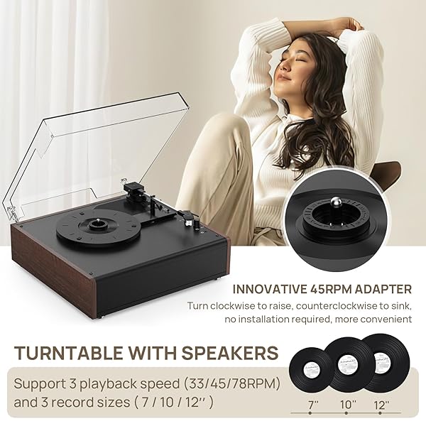 VINYL RECORD PLAYER BLUETOOTH WIRELESS TURNTABLE WITH BUILT-IN SPEAKERS AND 3 SPEED BELT-DRIVEN VINTAGE PHONOGRAPH RECORD PLAYER WITH MAGNETIC CARTRIDGE, RCA OUT, AUX IN, HEADPHONE JACK (BROWN)